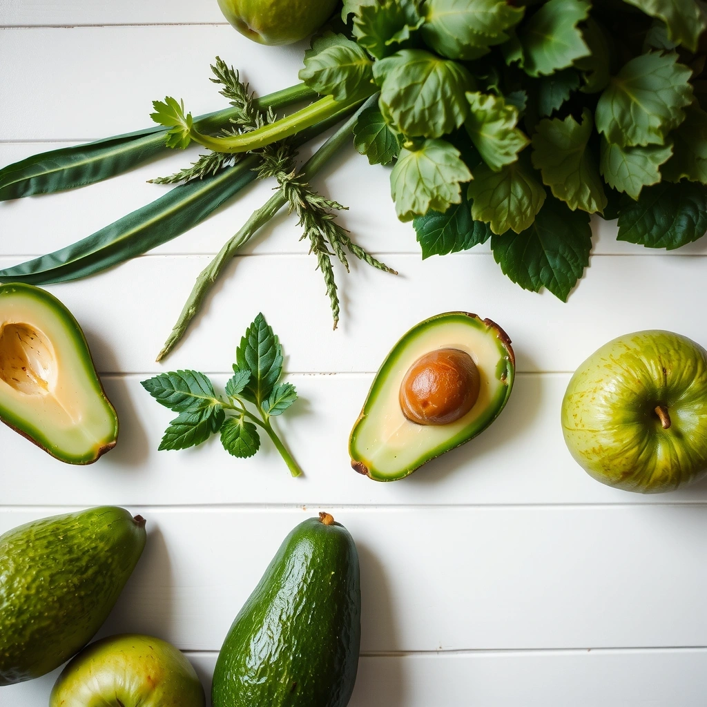 Φρέσκα πράσινα συστατικά σε λευκή επιφάνεια